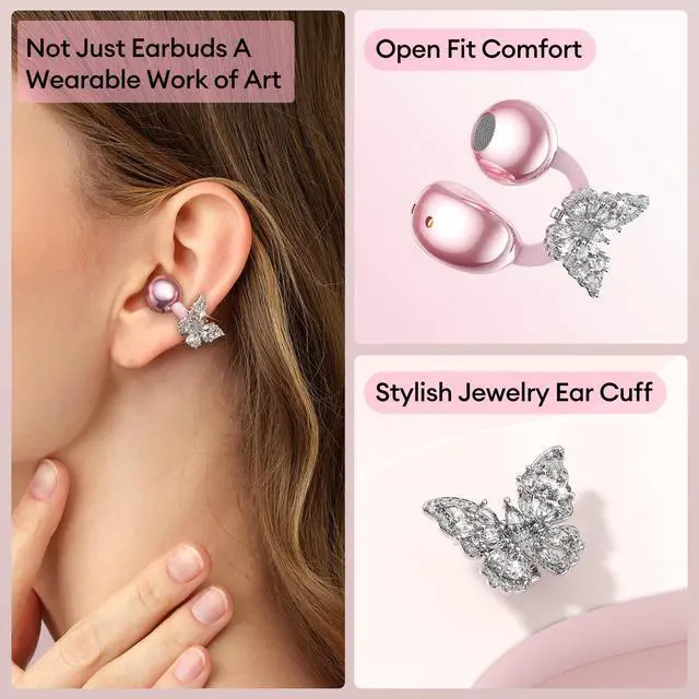 Alt view image 2 of 6 - Stylish Open Ear Clip On Earbuds with Removable Butterfly Earring, Clip On Headphones with LCD Touch Screen, Fashionables Open Ear Headphones for Women, Butterfly Earring Rose Gold Earbuds