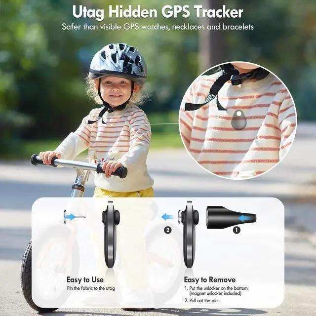 Alt view image 2 of 5 - GPS Tracker for Kids 4 Pack, Magnetic Unlocker Tool, Hidden Anti-Removal Pin Tag, Works with Apple Find My (iOS only), No Monthly Fee, Tracking Device for Children Elderly Pets Backpack