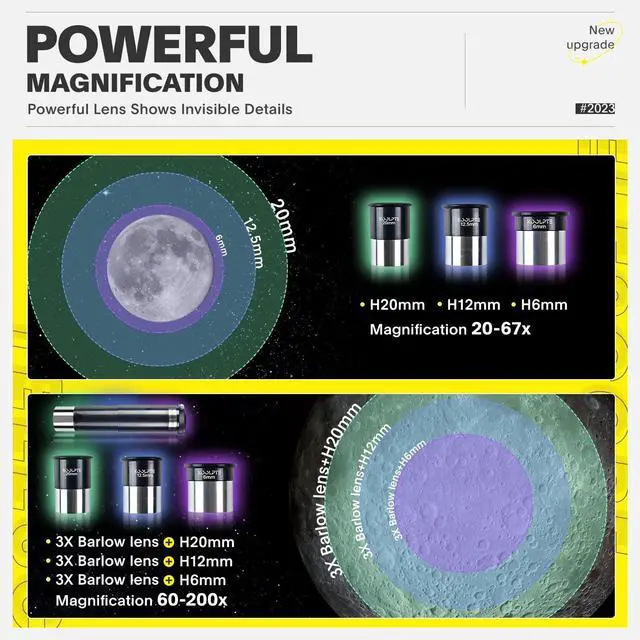Alt view image 3 of 6 - 70mm 400mm Telescope for Kids & Beginners, 20X-200X AZ Mount Kit | 70mm 400mm telescope for kids and beginners; anti-reflection optics, 20X-200X range, phone adapter, tripod and remote kit