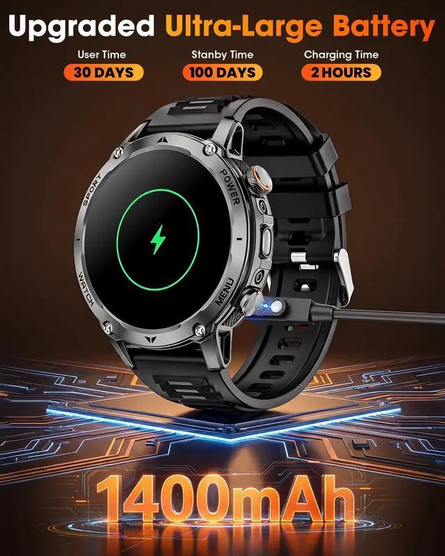 Alt view image 3 of 6 - Military Smart Watches for Men, 2026 Fitness Smartwatch with 1400mAh, Answer/Make Calls, Heart Rate, SpO2 Monitor, Sleep Tracker, 100+Sports Mode, IP68 Waterproof Smartwatch for Android iPhone