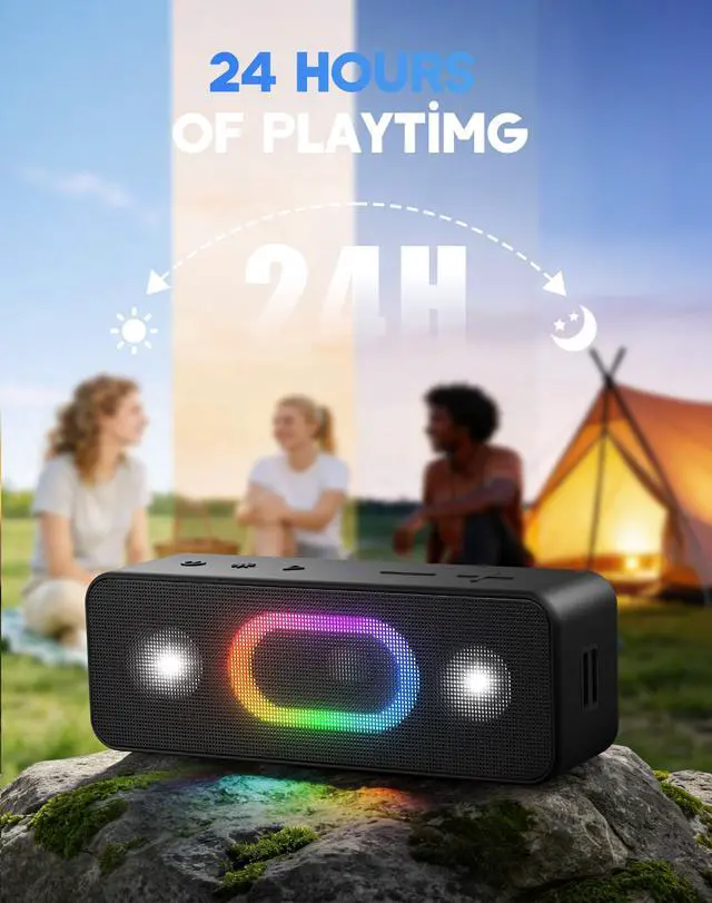 Alt view image 6 of 6 - Bluetooth Speaker Wireless Portable Outdoor Speakers, IPX6 Waterproof, Bold 24W Sound, 24H Playtime, TWS Pairing, Ambient Lights, Home/Travel/Beach Essentials, Birthday Gifts, Black