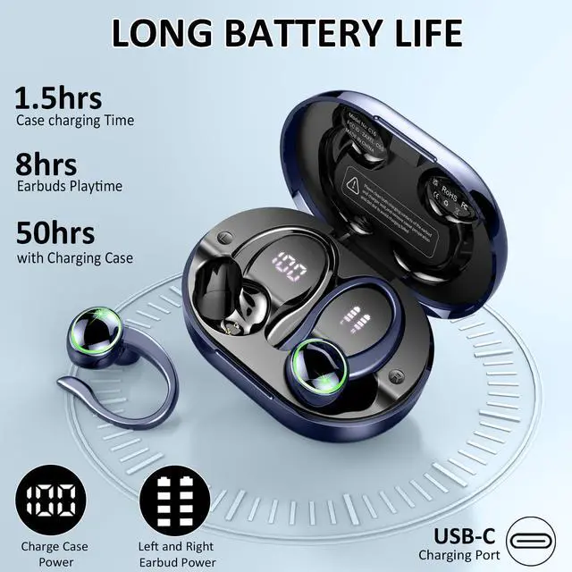 Alt view image 3 of 6 - Wireless Earbuds Sports, Bluetooth 5.4 Headphones Hifi Stereo, Over-Ear Buds with 50H Playback, Earhooks Design, ENC Noise Cancelling Mic, IP7 Waterproof, Fitness Headset for Gym Running Workout