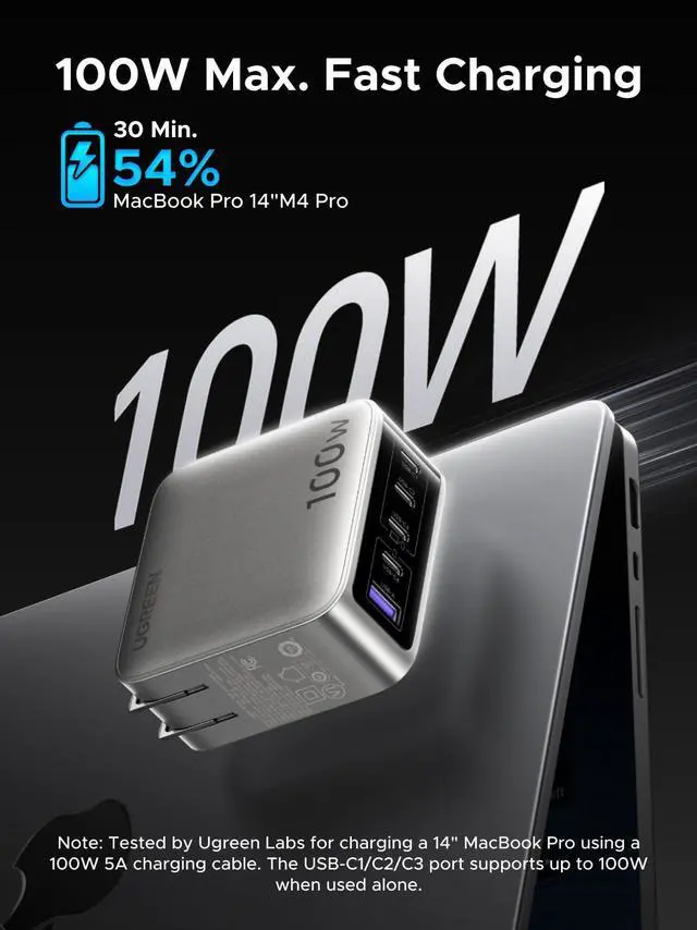 Alt view image 4 of 6 - Nexode Pro 100W GaN USB C Charger, 5-Port Fast Type-C Wall Charger Block with Smart Display Compatible with MacBook Pro/Air, iPhone 17/16 Series, Galaxy, iPad Pro, Steam Deck