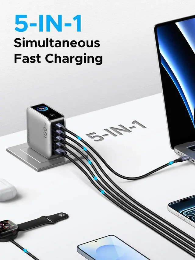 Alt view image 5 of 6 - Nexode Pro 100W GaN USB C Charger, 5-Port Fast Type-C Wall Charger Block with Smart Display Compatible with MacBook Pro/Air, iPhone 17/16 Series, Galaxy, iPad Pro, Steam Deck