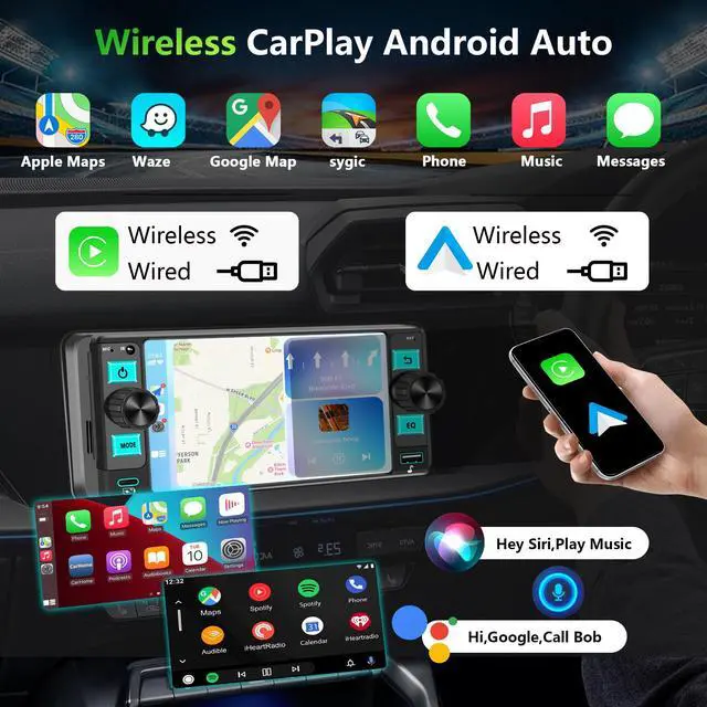 Alt view image 2 of 6 - Single Din Car Stereo Dual Knob with Wireless CarPlay & Android Auto | Dual Knob Touchscreen, Easy Installation, Backup Camera Ready, Bluetooth, GPS, FM/AM, USB, EQ, Fits Single DIN Dash Opening