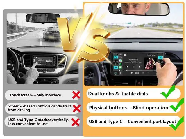 Alt view image 3 of 6 - Single Din Car Stereo Dual Knob with Wireless CarPlay & Android Auto | Dual Knob Touchscreen, Easy Installation, Backup Camera Ready, Bluetooth, GPS, FM/AM, USB, EQ, Fits Single DIN Dash Opening