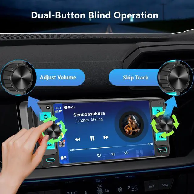 Alt view image 4 of 6 - Single Din Car Stereo Dual Knob with Wireless CarPlay & Android Auto | Dual Knob Touchscreen, Easy Installation, Backup Camera Ready, Bluetooth, GPS, FM/AM, USB, EQ, Fits Single DIN Dash Opening