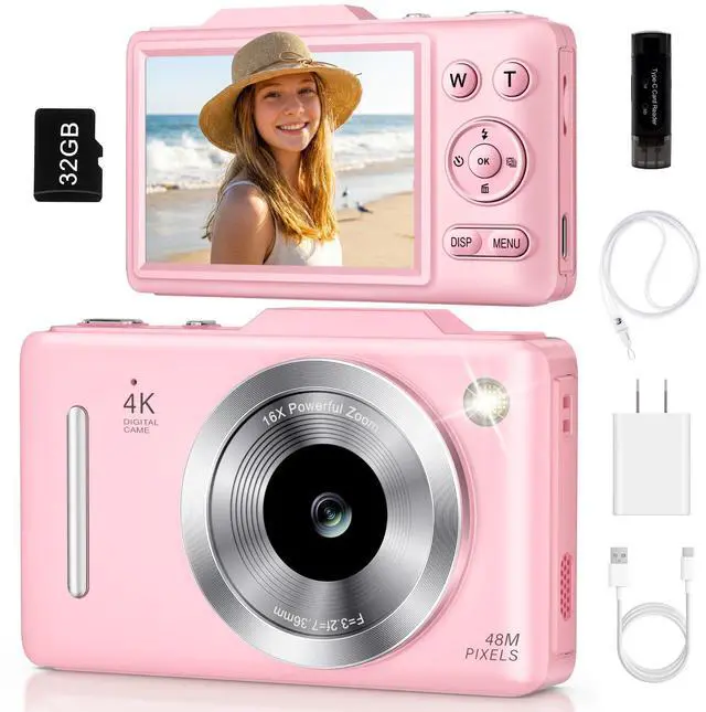 Main image of Digital Camera 4K Autofocus Vlogging Camera for Photography with 16X Zoom Anti Shake, 32GB Card, 48MP Compact Portable Point and Shoot Camera for Kids Boys Girls Teens Beginner(Pink)