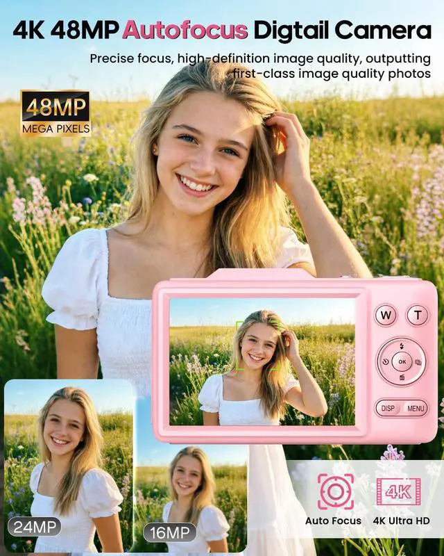 Alt view image 2 of 4 - Digital Camera 4K Autofocus Vlogging Camera for Photography with 16X Zoom Anti Shake, 32GB Card, 48MP Compact Portable Point and Shoot Camera for Kids Boys Girls Teens Beginner(Pink)