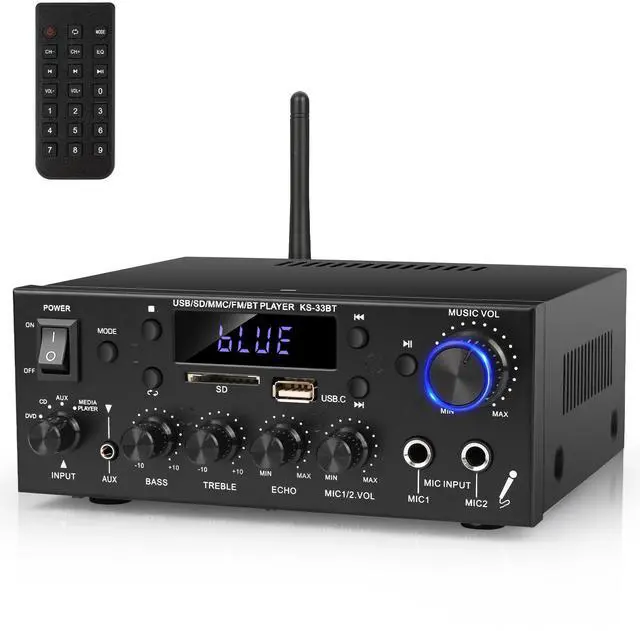 Main image of Stereo Audio Amplifier, 2 Channel 500W Bluetooth 5.0 Home Audio Stereo Receiver with FM, Echo, AUX, USB, SD, MIC Inputs, Power Amplifier for Passive Speakers and Active subwoofer