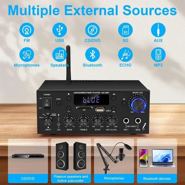 Alt view image 2 of 6 - Stereo Audio Amplifier, 2 Channel 500W Bluetooth 5.0 Home Audio Stereo Receiver with FM, Echo, AUX, USB, SD, MIC Inputs, Power Amplifier for Passive Speakers and Active subwoofer