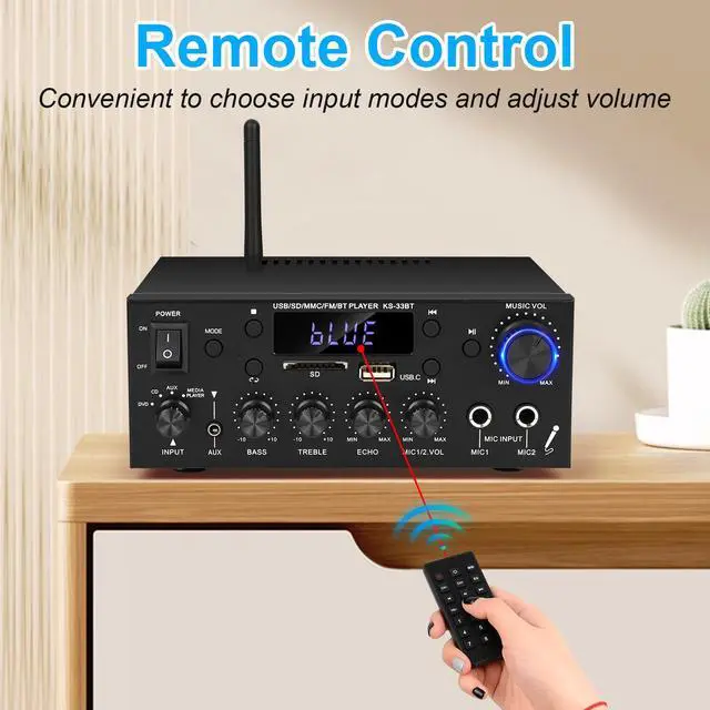 Alt view image 5 of 6 - Stereo Audio Amplifier, 2 Channel 500W Bluetooth 5.0 Home Audio Stereo Receiver with FM, Echo, AUX, USB, SD, MIC Inputs, Power Amplifier for Passive Speakers and Active subwoofer