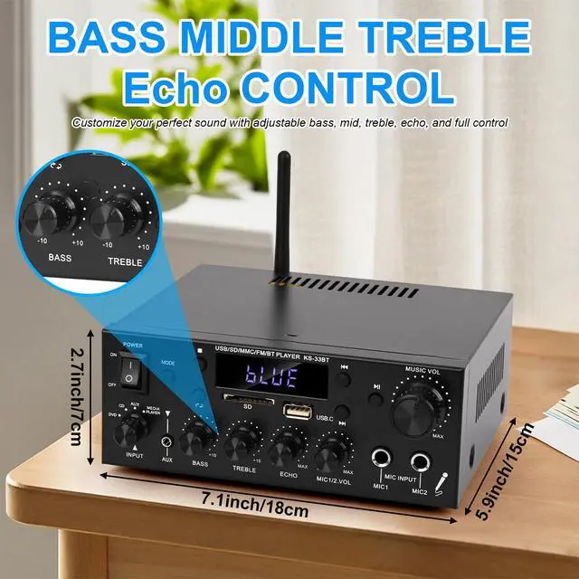 Alt view image 6 of 6 - Stereo Audio Amplifier, 2 Channel 500W Bluetooth 5.0 Home Audio Stereo Receiver with FM, Echo, AUX, USB, SD, MIC Inputs, Power Amplifier for Passive Speakers and Active subwoofer