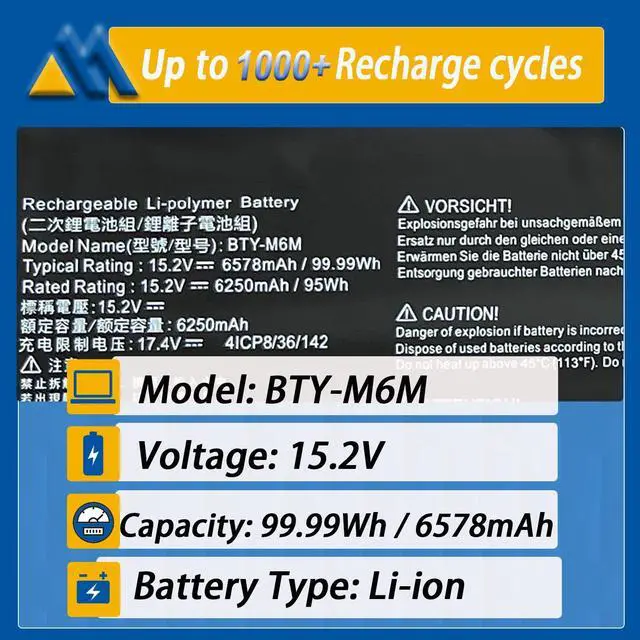 Alt view image 2 of 6 - BTY-M6M 99.99Wh Laptop Battery Replacement for MSI GS66 Stealth 10SE 10SF 11UE 11UH GE66 Raider 10UG 11UG GE76 for Raider 11UE 11UG GE76 for Dragon Tiamat 11UH WS66 10TM 11UMT 11UKT for Creator 15