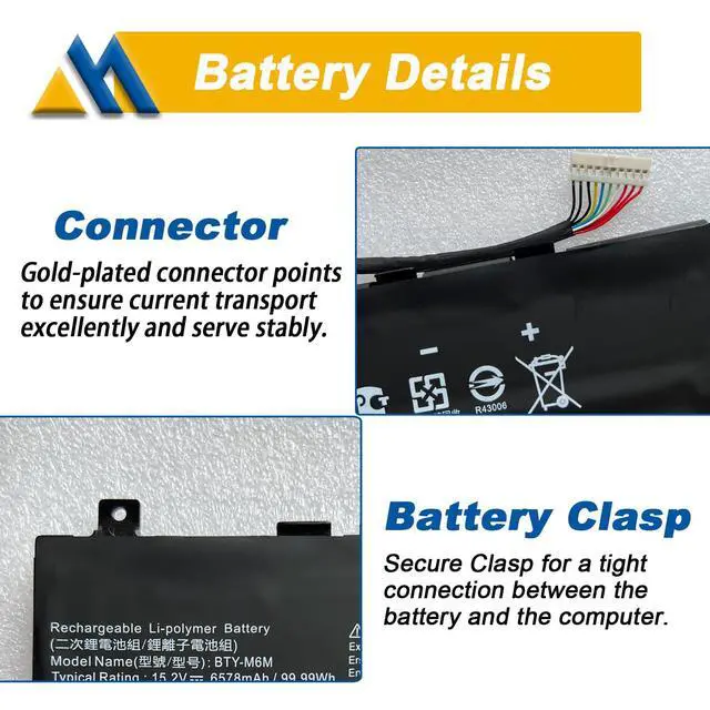 Alt view image 4 of 6 - BTY-M6M 99.99Wh Laptop Battery Replacement for MSI GS66 Stealth 10SE 10SF 11UE 11UH GE66 Raider 10UG 11UG GE76 for Raider 11UE 11UG GE76 for Dragon Tiamat 11UH WS66 10TM 11UMT 11UKT for Creator 15