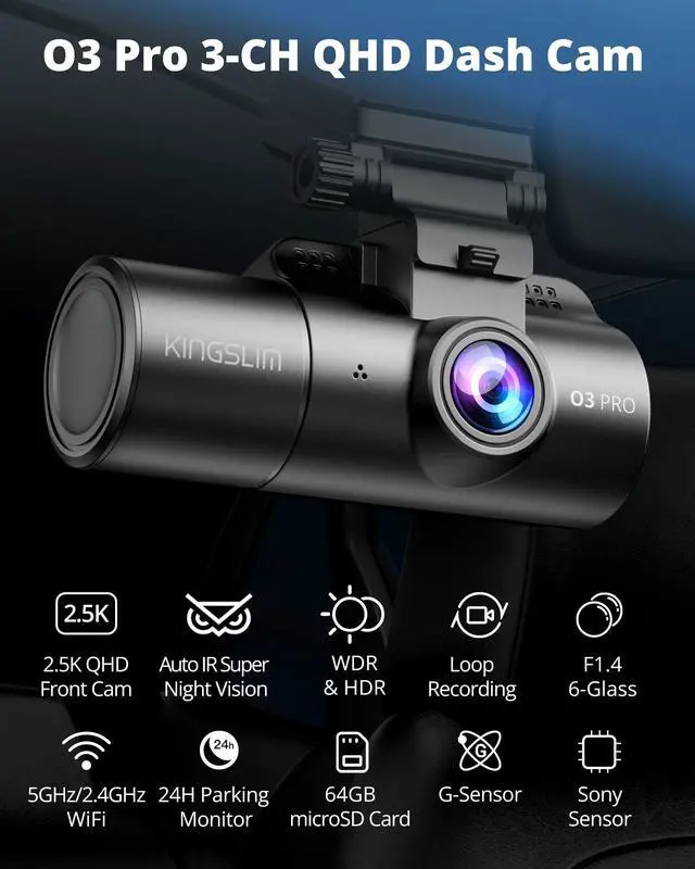 Alt view image 2 of 6 - 3 Channel Dash Cam Front and Rear Inside - 2.5K Car Dash Camera with 64GB Card, 5GHz WiFi Wireless Dashcam for Cars, APP Control, Super Night Vision, HDR, G-Sensor