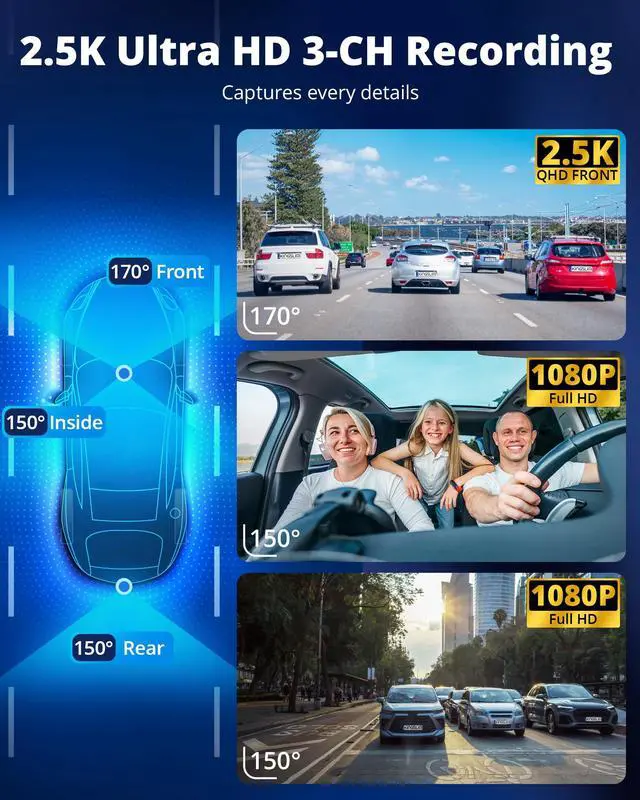 Alt view image 3 of 6 - 3 Channel Dash Cam Front and Rear Inside - 2.5K Car Dash Camera with 64GB Card, 5GHz WiFi Wireless Dashcam for Cars, APP Control, Super Night Vision, HDR, G-Sensor