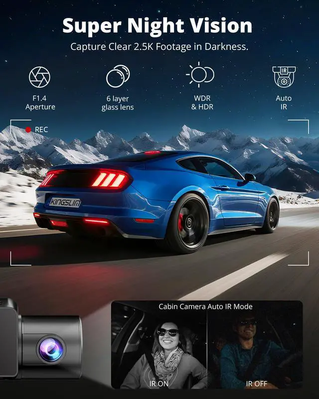 Alt view image 4 of 6 - 3 Channel Dash Cam Front and Rear Inside - 2.5K Car Dash Camera with 64GB Card, 5GHz WiFi Wireless Dashcam for Cars, APP Control, Super Night Vision, HDR, G-Sensor