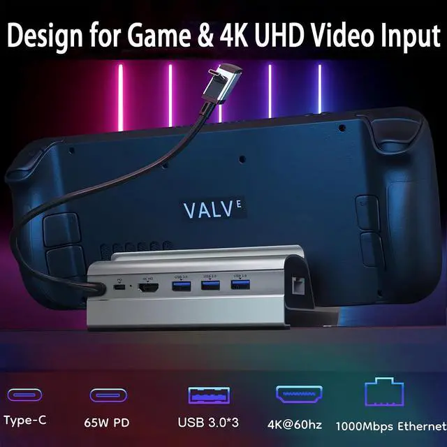 Alt view image 3 of 6 - Docking Station for Steam Deck ROG Ally, 6 in 1 Stream Deck Dock with HDMI 2.0 4K@60Hz, 1000Mbps Gigabit Ethernet, 3 USB-A 3.0 and 100W Full Speed Charging USB-C Port Compatible with Valve Steam Deck