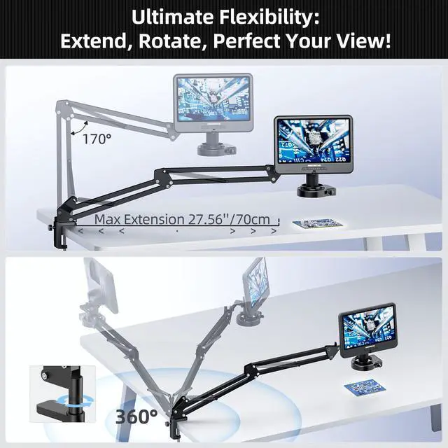 Alt view image 3 of 6 - AD109 Digital Microscope with 10.1" Screen for Soldering Repair | Flexible Boom Arm Stand, Coin Microscope Full View for Error Coins, 56 LED Ring Light, Windows Mac Compatible, 32GB Card