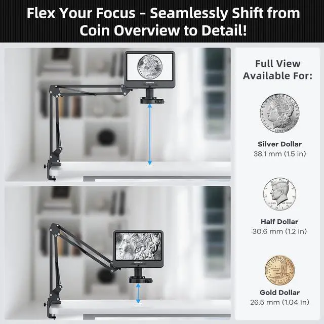 Alt view image 5 of 6 - AD109 Digital Microscope with 10.1" Screen for Soldering Repair | Flexible Boom Arm Stand, Coin Microscope Full View for Error Coins, 56 LED Ring Light, Windows Mac Compatible, 32GB Card