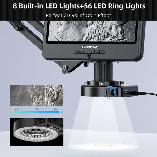 Alt view image 6 of 6 - AD109 Digital Microscope with 10.1" Screen for Soldering Repair | Flexible Boom Arm Stand, Coin Microscope Full View for Error Coins, 56 LED Ring Light, Windows Mac Compatible, 32GB Card