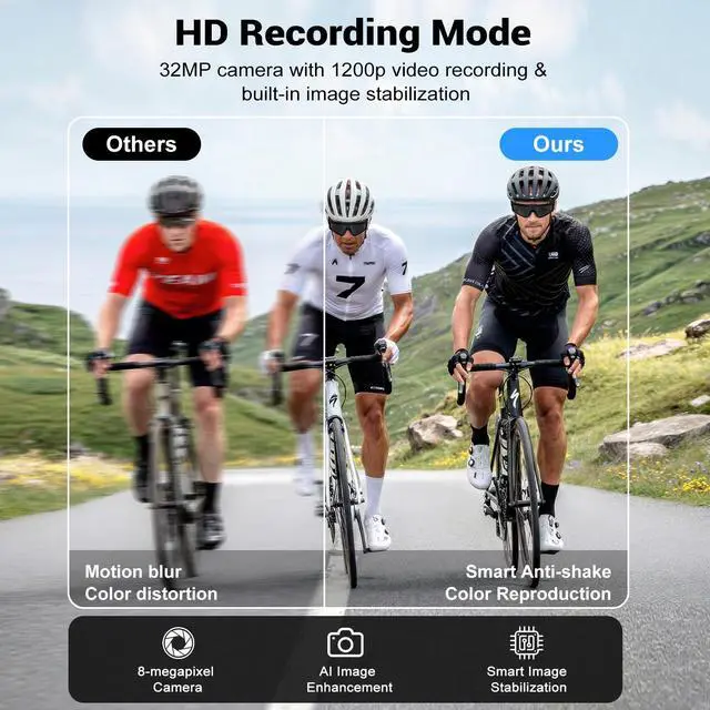 Alt view image 3 of 6 - Smart Glasses with Camera and Bluetooth, POV Glasses with Photochromic Lens, 32MP Anti-Shake Camera, EIS Stabilization, IP64 Waterproof Sports Sunglasses for Cycling Running Hiking Baseball