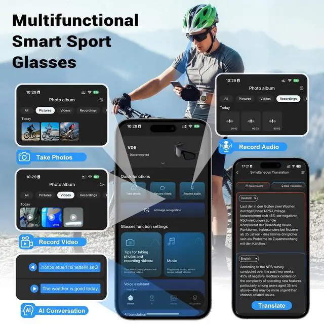 Alt view image 5 of 6 - Smart Glasses with Camera and Bluetooth, POV Glasses with Photochromic Lens, 32MP Anti-Shake Camera, EIS Stabilization, IP64 Waterproof Sports Sunglasses for Cycling Running Hiking Baseball