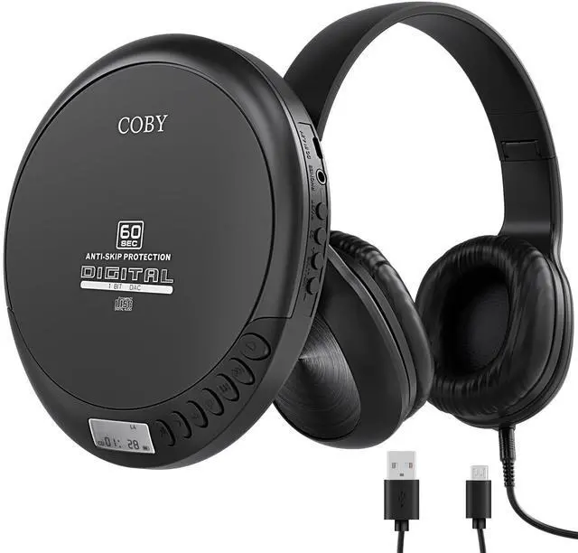 Main image of Portable CD Player with Headphones, FM Radio, MP3 Playback, Black | 60-Second Anti-Skip for Home, Car & Travel, CD-R/CD-RW/MP3 Playback, 2 AA or USB Power, Simple Buttons, Foldable Headphones