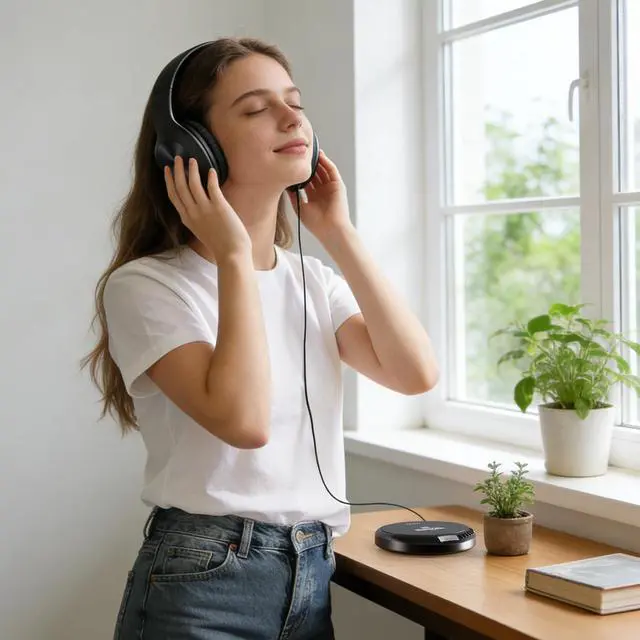 Alt view image 5 of 6 - Portable CD Player with Headphones, FM Radio, MP3 Playback, Black | 60-Second Anti-Skip for Home, Car & Travel, CD-R/CD-RW/MP3 Playback, 2 AA or USB Power, Simple Buttons, Foldable Headphones