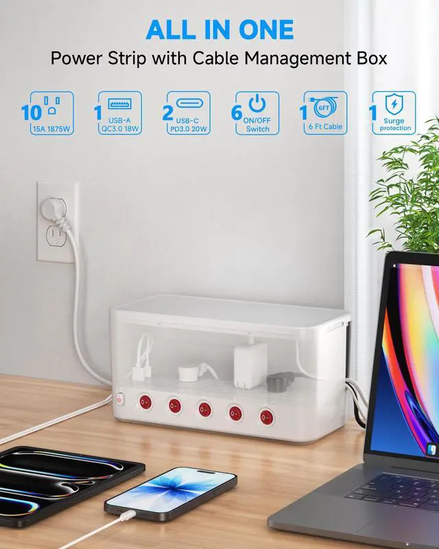 Alt view image 2 of 6 - Power Strip with Cable Management Box, Large Cord Organizer Box,White | Power Strip Box with 10 Outlet and 3 USB Port,Individual Switches,6ft Flat Plug Extension Cord,Under-Desk Wire Storage Hider