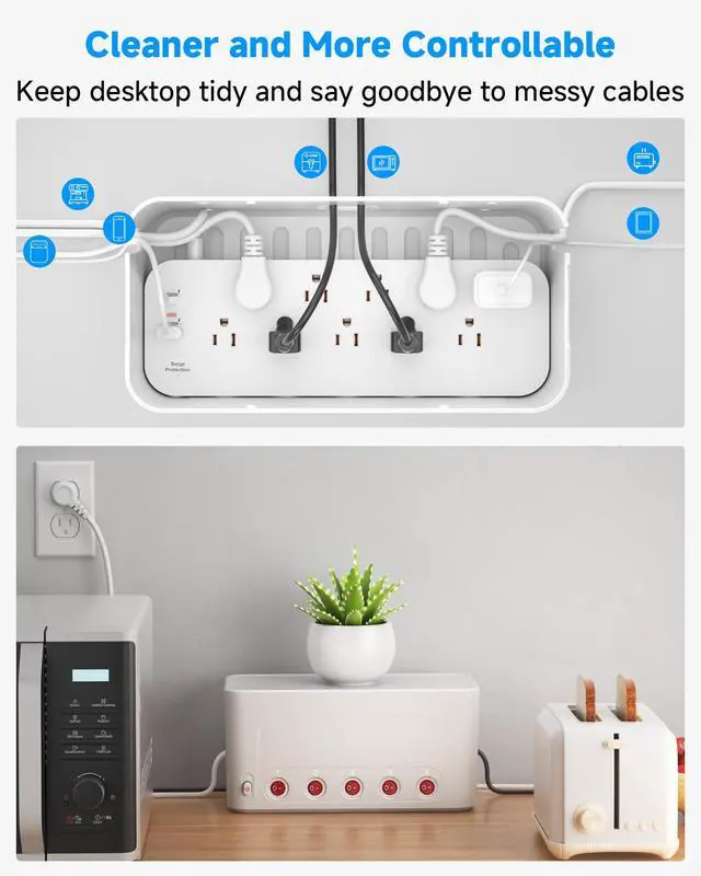 Alt view image 3 of 6 - Power Strip with Cable Management Box, Large Cord Organizer Box,White | Power Strip Box with 10 Outlet and 3 USB Port,Individual Switches,6ft Flat Plug Extension Cord,Under-Desk Wire Storage Hider