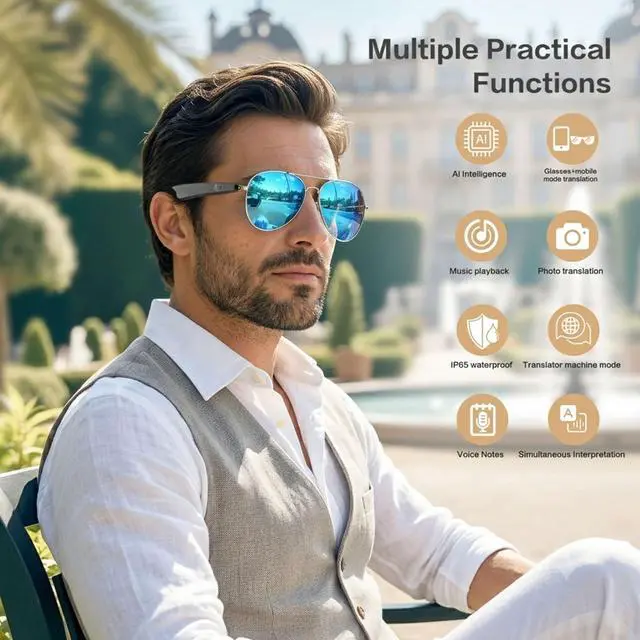 Alt view image 2 of 6 - AI Smart Glasses, Smart Translation Glasses That Support 164 Language Translation, IP65 Waterproof Smart Sunglasses, Classic Aviator Sunglasses with Voice Assistant/AI Call/Chat GPT