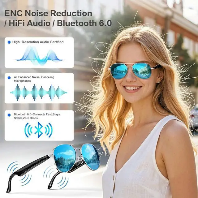 Alt view image 4 of 6 - AI Smart Glasses, Smart Translation Glasses That Support 164 Language Translation, IP65 Waterproof Smart Sunglasses, Classic Aviator Sunglasses with Voice Assistant/AI Call/Chat GPT