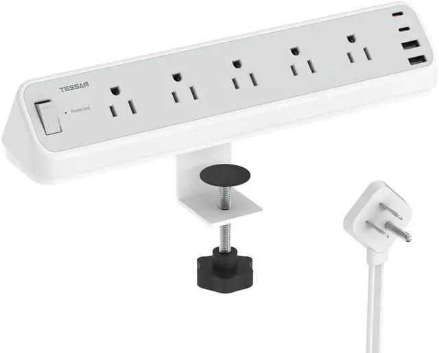 Main image of Desk Clamp Power Strip 10 Ft with 2100J Surge Protector, Gray | 5 Outlets and 4 USB (2 USB C) Desk Charging Station, Flat Plug Extension Cord with Multiple Outlets for Home Office Dorm Room