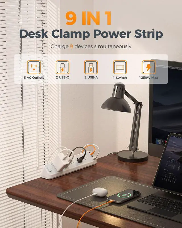 Alt view image 2 of 6 - Desk Clamp Power Strip 10 Ft with 2100J Surge Protector, Gray | 5 Outlets and 4 USB (2 USB C) Desk Charging Station, Flat Plug Extension Cord with Multiple Outlets for Home Office Dorm Room