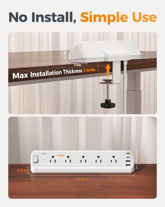 Alt view image 3 of 6 - Desk Clamp Power Strip 10 Ft with 2100J Surge Protector, Gray | 5 Outlets and 4 USB (2 USB C) Desk Charging Station, Flat Plug Extension Cord with Multiple Outlets for Home Office Dorm Room
