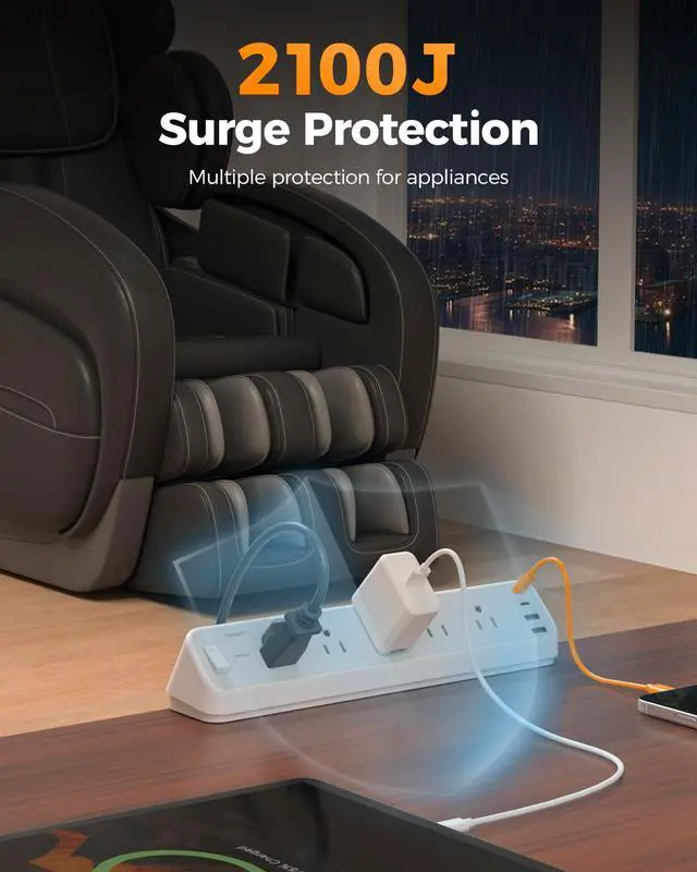 Alt view image 4 of 6 - Desk Clamp Power Strip 10 Ft with 2100J Surge Protector, Gray | 5 Outlets and 4 USB (2 USB C) Desk Charging Station, Flat Plug Extension Cord with Multiple Outlets for Home Office Dorm Room