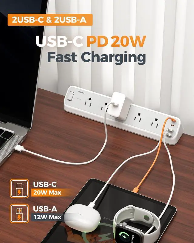 Alt view image 6 of 6 - Desk Clamp Power Strip 10 Ft with 2100J Surge Protector, Gray | 5 Outlets and 4 USB (2 USB C) Desk Charging Station, Flat Plug Extension Cord with Multiple Outlets for Home Office Dorm Room