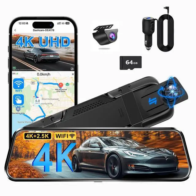 Main image of Mirror Dual Dash Camera for Car, Dashcam 4K Front 2.5K IMX335 Rear View/ADAS BSD LCA Wi-Fi&APP WDR Night Vision G-Sensor Loop Recording Parking Monitor 64GB Card