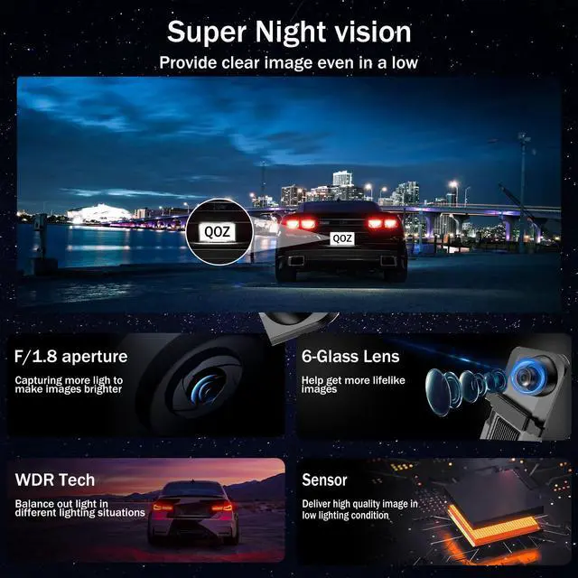 Alt view image 3 of 6 - Mirror Dual Dash Camera for Car, Dashcam 4K Front 2.5K IMX335 Rear View/ADAS BSD LCA Wi-Fi&APP WDR Night Vision G-Sensor Loop Recording Parking Monitor 64GB Card