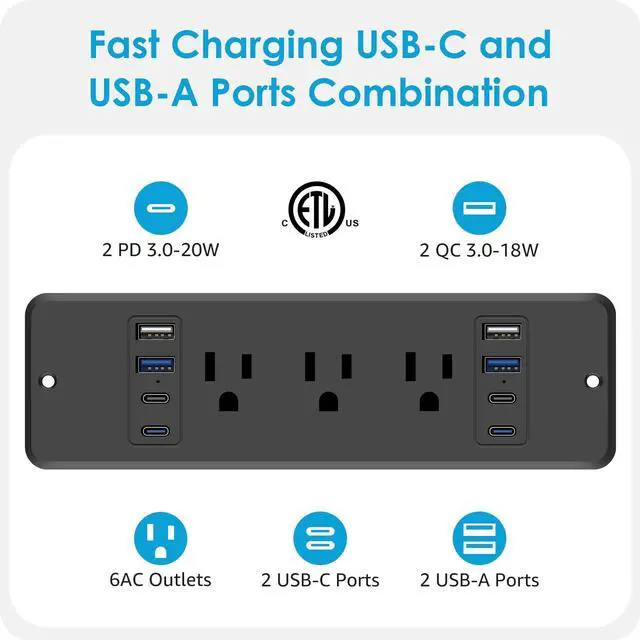 Alt view image 2 of 6 - 6 Outlets Recessed Power Strip, 20W USB C Ports, Black, 6FT, 2 | For Offer, Furniture, Desk Organizer Gaming Accessorie Flush Mount, Home Essentials, Plug Extender, Flat Extension Cord
