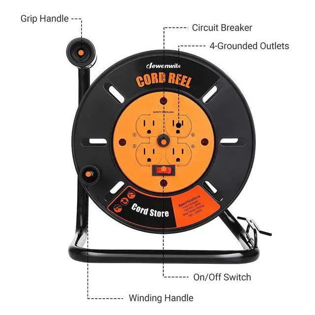 Alt view image 2 of 6 - Extension Cord Storage Reel, Hand Wind Retractable Open Cord Reel | 4-Grounded Outlets, Heavy Duty for 12/3, 14/3, 16/3 Gauge Power Cord, 10A Circuit Breaker, Rocker Power Switch, Orange