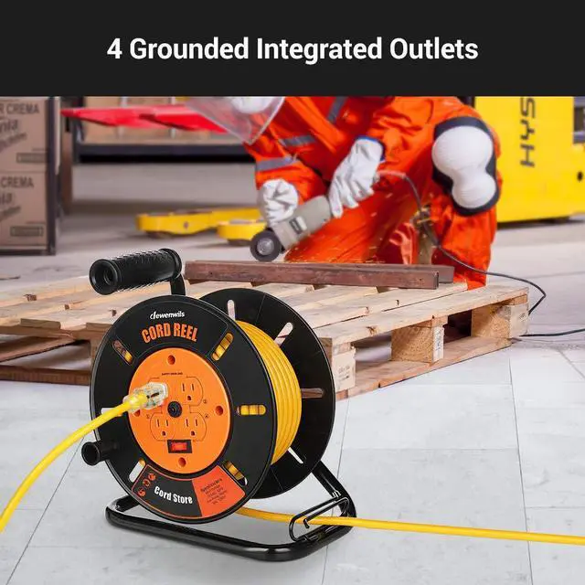 Alt view image 3 of 6 - Extension Cord Storage Reel, Hand Wind Retractable Open Cord Reel | 4-Grounded Outlets, Heavy Duty for 12/3, 14/3, 16/3 Gauge Power Cord, 10A Circuit Breaker, Rocker Power Switch, Orange