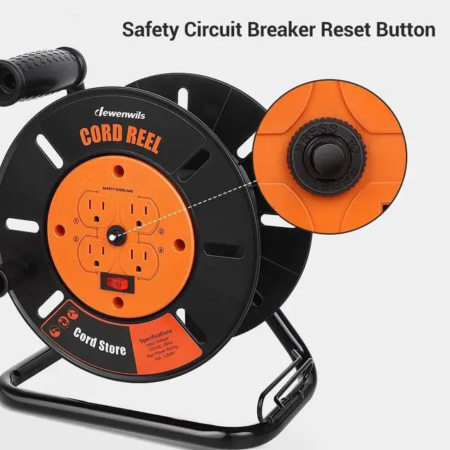 Alt view image 4 of 6 - Extension Cord Storage Reel, Hand Wind Retractable Open Cord Reel | 4-Grounded Outlets, Heavy Duty for 12/3, 14/3, 16/3 Gauge Power Cord, 10A Circuit Breaker, Rocker Power Switch, Orange