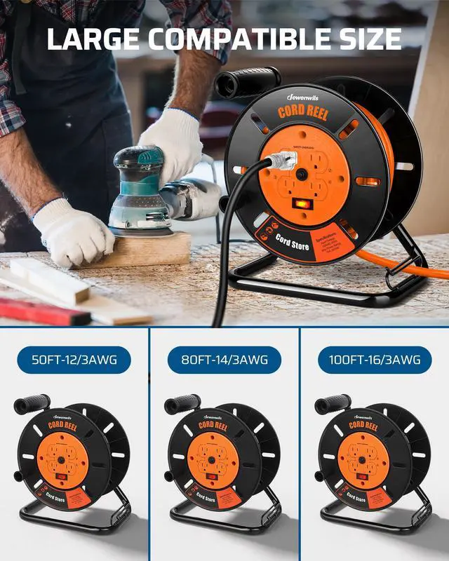Alt view image 5 of 6 - Extension Cord Storage Reel, Hand Wind Retractable Open Cord Reel | 4-Grounded Outlets, Heavy Duty for 12/3, 14/3, 16/3 Gauge Power Cord, 10A Circuit Breaker, Rocker Power Switch, Orange