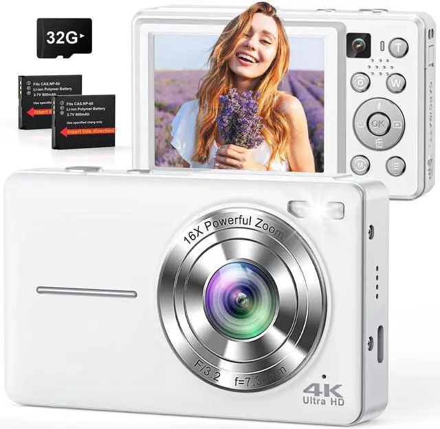 Main image of 4K Digital Camera Point and Shoot with Selfie Lens and 32G Card, White | Vlogging Camera with Flash, Anti Shake 3" Screen, 16X Zoom Easy for Beginner. 2 Batteries. ldeal Birthday, Party & Travel