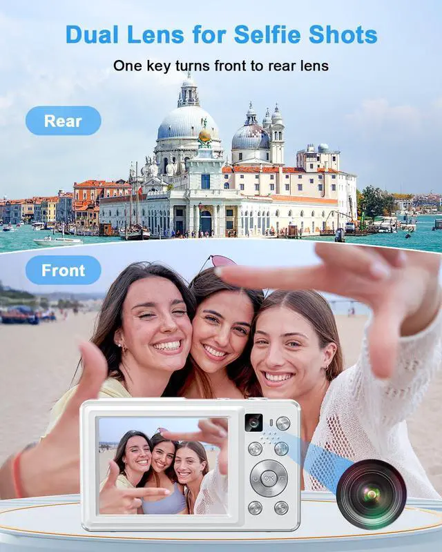 Alt view image 4 of 6 - 4K Digital Camera Point and Shoot with Selfie Lens and 32G Card, White | Vlogging Camera with Flash, Anti Shake 3" Screen, 16X Zoom Easy for Beginner. 2 Batteries. ldeal Birthday, Party & Travel