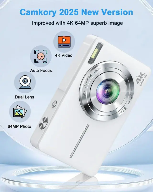 Alt view image 5 of 6 - 4K Digital Camera Point and Shoot with Selfie Lens and 32G Card, White | Vlogging Camera with Flash, Anti Shake 3" Screen, 16X Zoom Easy for Beginner. 2 Batteries. ldeal Birthday, Party & Travel