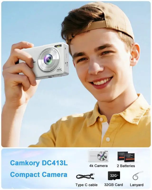 Alt view image 6 of 6 - 4K Digital Camera Point and Shoot with Selfie Lens and 32G Card, White | Vlogging Camera with Flash, Anti Shake 3" Screen, 16X Zoom Easy for Beginner. 2 Batteries. ldeal Birthday, Party & Travel